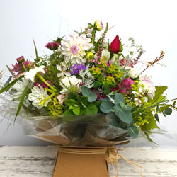 gift bouquet with roses, dahlias, gaura, eucalyptus, chrysanthemums