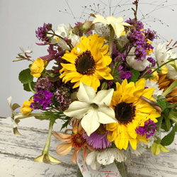 September bouquet featuring sunflowers, verbena bonarensis, dahlias and nicotiana